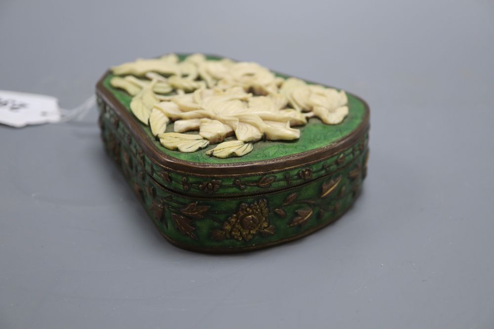 A 19th century Chinese ivory, brass and green enamel box, length 13cm